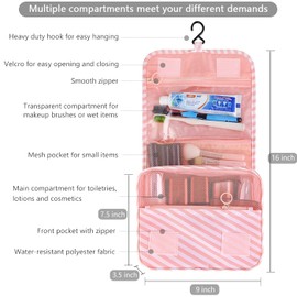 IMCUZUR Makeup Bag Organizer Hanging Travel Toiletry Bag for Women, Water-resistant Cosmetic Bag for Girls, Travel Make Up Bag for Accessories Toiletries, Pink Striped, Travel Toiletry Bag