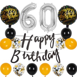 Silver 60th Birthday Decorations Party Supplies-Black Happy 60th Birthday Banner Latex and Confetti Balloons Paper Honeycomb Balls Huge Number 60 Balloons for Girls,Women,Men,Photo Props 60th Birthday