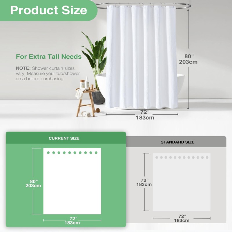 Dynamene Long White Fabric Shower Curtain - Waffle Textured Tall