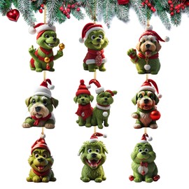 9pcs Dog Christmas Tree Ornaments Green Dog Christmas Hanging Pendant Acrylic Christmas Tree Hanging Decorations Xmas Car Hanging Ornament Christmas Tree Decorations Set Funny Xmas Ornaments