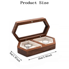 CAVLA Wooden Ring Box, Rings Holder with Transparent Lid, Two Slots Jewelry Case, Walnut Jewelry Storage Box Gift Holder, Portable Couple Rings Wedding Ring Box for Wedding Ceremony Aniversary (B)