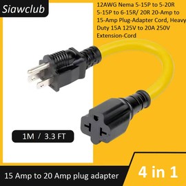 3.3FT 12AWG Heavy Duty Extender AC Plug Adapter [4-in-1], 15 Amp Household to 20 Amp T Blade Power Extension Cord, 12AWG Nema 5-15P to 5-20R/ 6-15R/ 6-20R, 15A 125V to 20A 250V Adapter Cable 1m