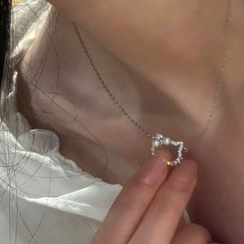 Atentuyi Tiny Cz Cat Necklace Silver Chain Double Pearl Pendant Necklace Dainty Rhinestone Necklace Cz Choker Round Dot Circle Necklace Cubic Zirconia Necklace Jewelry for Women and Girls