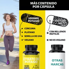 Citrato de Potasio 1000mg | Con Plátano en Polvo, Cúrcuma (Curcuminoides) y Semilla de Uva | Potassium Citrate | Sin Rellenos | 60 Cápsulas