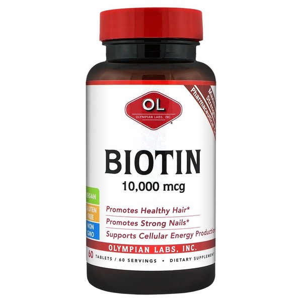 Olympian Labs Max Strength Biotin Supplement, 10,000mcg Tabs, Digestive Health, Improve Hair, Skin, Nails, 60 Vegan Tablets