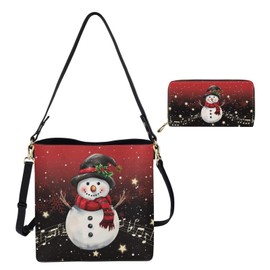 HUGS IDEA Christmas Hobo Bags for Womens Snowman Music Notes Print Leather Handbags Tote Shoulder Bucket Crossbody Purse Set 2pcs