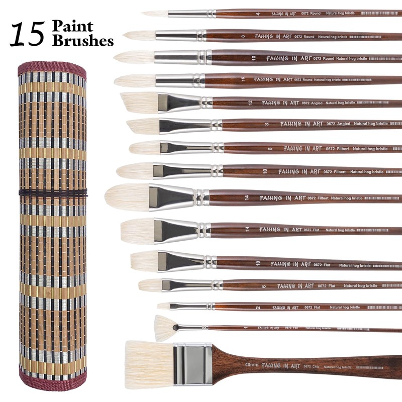Falling in Art Natural Bristle Professional Paintbrush Set, 15PCS Long