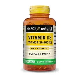Vitamina D3 Mason Natural de 250 mcg (10,000 IU) en Cápsulas Blandas para Huesos y Sistema Inmune