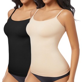 ONEW Compressions Camisole Top for Women Tummy Control Shapewear Top Waist Trainer Shaping Cami Vest with Spaghetti Straps 2 Packs(Black+Beige) XL