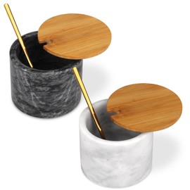2 Sets Marble Salt Cellar Box with Bamboo Lid & Metal Spoon, Modern Stone Salt or Pepper Sugar Spice Seasoning Bowl Container Jar Holder Well Keeper Dish Pig Crock for Kitchen (White and Dark Grey)