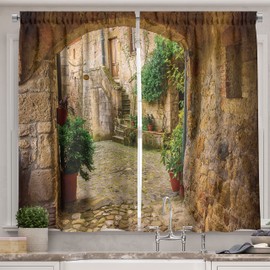 Ambesonne Scenery Long Kitchen Curtains, Landscape from Another Door Antique Style Stone Village Tuscany Italian Valley, Two Panels Drapes with Rod Pocket Room Decor, 55" X 45", Brown Fern Green