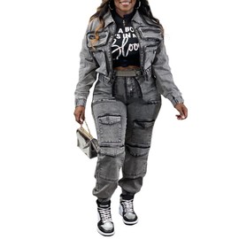 Voghtic Women's Two Piece Denim Outfits Long Sleeve Zipper Jean Jacket Cargo Pant Matching Sets