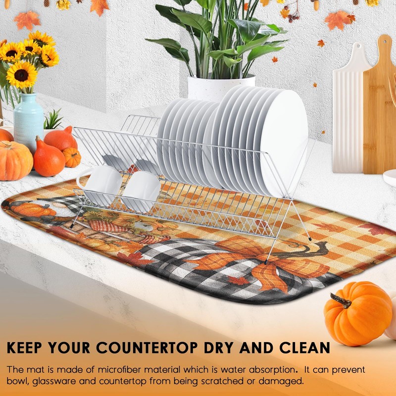 Sanwarm Fall Orange Pumpkin Gnome Absorbent Dish Drying Mat,Autumn Buffalo