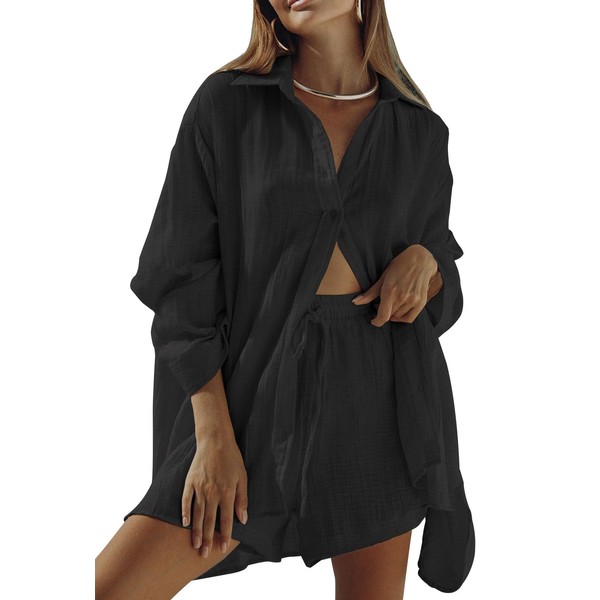 Linsery Shirt and Shorts 2 Piece Sweatsuit for Women Button