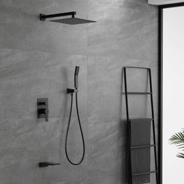 SHAMANDA Shower System with Waterfall Tub Spout and Handheld Shower Head, 12" Rain Shower Faucet Sets Complete with Shower Round-in Valve and Trim, Wall Mounted, Matte Black, L1001-7