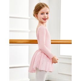 Arshiner Ballet Clothing Girls Backless Cotton Ballet Dress Ballet Jersey Long Sleeve Dance Dress Dance Body with Irregular Chiffon Skirt Tutu 2-10 Years, pink