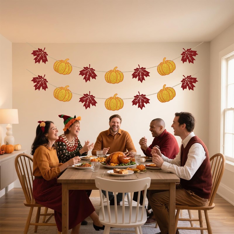 SerpizePaty Thanksgiving Banner, Pre-Strung Fall Maple Leaves Banner With Pumpkin,