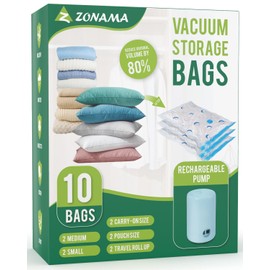 Vacuum Storage Bags for Travel, Combo 10 Pack Travel Vacuum Sealed Bags with 1500mAh Portable Rechargeable Electric Pump for Clothes, Pillows, Comforters, Travel Luggage, Backpack, Travel Essentials