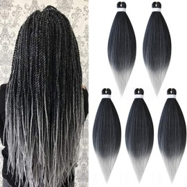 Pre Stretched Braiding Hair Extensions, 5 Pieces, Pre-Stretched Braiding Hair, Synthetic Extensions, Yaki EZ Pre-Stretched Synthetic Hair, Crochet Twist, Black & Grey
