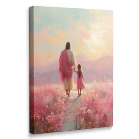 Framed Jesus Walking With Girls Pink Christian Scripture Canvas Wall Art, Virgin Mary the Way He Leads God Artwork for Baby Girl Bedroom Room Decoration Ready to Hang (12"x16")