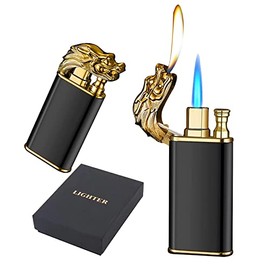 Magic Dual Flame Dragon Lighter, Dragon Dual Fire Lighter, Creative Windproof Dragon Torch Lighter, Cool Dual Jet Flame Butane Lighter, Refillable Butane Lighter for Outdoor Indoor(Black)