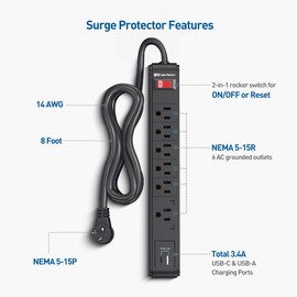 [ETL Listed] Cable Matters 2-Pack 6-Outlet Surge Protector Power Strip with USB C and USB Ports - 8ft Extension Cord, Surge Protector with USBC with 3.4A Total Charging Output, Black