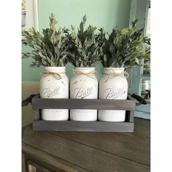 Kerr Minimalist Mason Jar Glass handpainted tan white distressed Boho