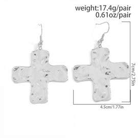 Chunky Gold Big Hammered Cross Drop Dangle Earrings for Women Trendy, Bold Thick Large Silver Cross Hook Earrings Dainty Vintage Faith Chain Jewelry (Silver)
