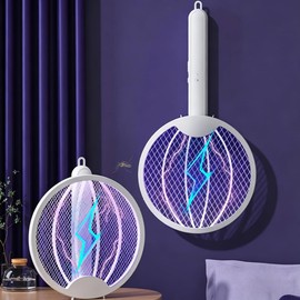Electric Fly Swatter, Portable and Foldable Mosquito Zapper Racket, Rechargeable Bug Zapper with Battery and USB Charging Cable for Indoor and Outdoor Use, 3000V High-Voltage Grid, Safety Protection