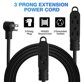 3 Prong Power Extension Cord with Multiple Outlets 6 FT, 16/3 Gauge Multi 3 Outlet Wire, 90 Degree Angled Male Plug, 16 AWG Grounded Wire (13A 125V 1625W), ETL Listed, Black Cable with 25 Cable Ties