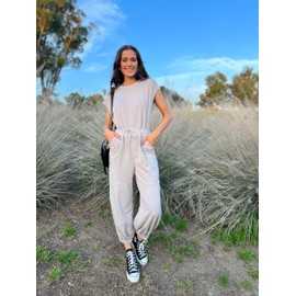 Glamaker Women's Casual Sleeveless One Piece Jumpsuits Loose Open Back Workout Onesie Summer Outfits With Pockets(Grey S)