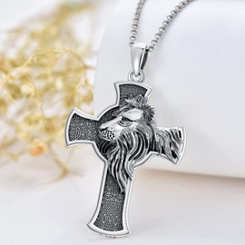 PROESS Lion Cross Necklace for Men Sterling Silver Lion Head Pendant Cross Necklace Amulet Protection Jewelry Birthday Christmas Gifts for Husband Son