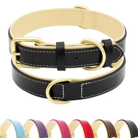 HSIGIO Leather Dog Collar for Small Medium and Large Dogs, Soft Padded Dog Leather Collar with Gold Buckle, Adjustable Genuine Leather Collars for Large Dogs(Black, L)