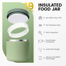 19 Oz Insulated Food Jar, Buckle Lid Wide Mouth Soup Thermos, Leakproof Stainless Steel Lunch Container for School Office Travel, Green