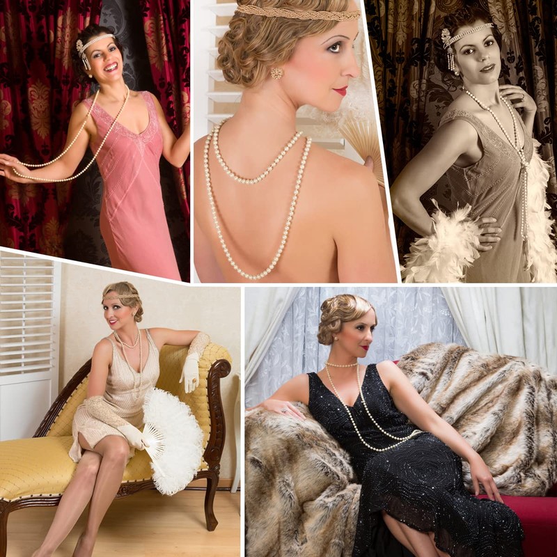 Yuccer Long Pearl Necklace, 1920s Fashion Faux Flapper Pearls Necklace