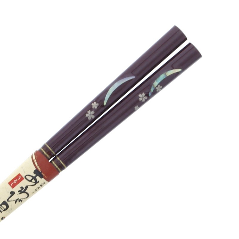 箸 貝細工 アワビ 三ヶ月 桜 木製 (天然木) 漆 塗装 20.5cm