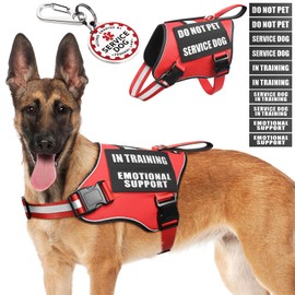 MOOGROU Service Dog Vest Harness+ID Tag+10 Patches,Metal Serivce Dog Tag&Reflective Emotional Support Dog Vest with Handle for Large Dogs,Easy Put On/Off for Training/Walking/Everyday Red L