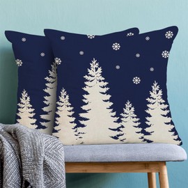 CXMEIFLY Christmas Pillow Covers 18x18 Inch Set of 2 Navy Blue Cream Christmas Tree Snowflakes Decor Throw Pillows Winter Xmas Holiday Outdoor Cushion Cases for Couch Bed Decorations