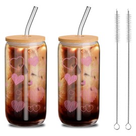 Yetene 2 Pcs Hearts Glass Cup Set, 16 oz Valentine's Day Tumbler Glasses with Bamboo Lids and Straws Can Shaped Iced Coffee Cups Clear Glass Cups Drinking Jars for Couple Lover Birthday Gifts(Pink)