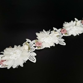 1 Yard Vintage Elegant Flower Pearl Beads Lace Trim Ribbon Flower Embroidered Lace Fabric Floral Appliques for Wedding Bridal Dress Clothes Hat Decoration Bridal Handmade Sewing Craft Supplies (White)