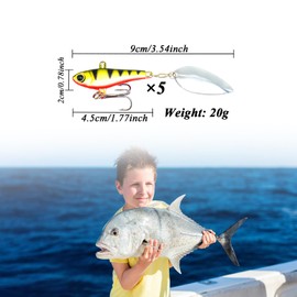 Jig Spinner Set, 5 Pieces 20 g Fishing Lures in Bait Box, Lead Head Spinner for Perch, Pike, Zander, Chub, Baits Spinjig in Bait Box, UV-Active Artificial Bait, Spinner Bait, Jig Bait