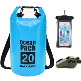 Bolsa Seca Impermeable 5L 10L 20L 30L, Mochila a Prueba de Agua para Senderismo, Natación, Kayak y Deportes Acuáticos, Dry Bag con Funda para Teléfono y Correa Ajustable para el Hombro (Azul, 20L)