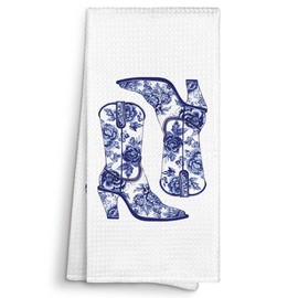 Sviojuce Chinoiserie Western Cowgirl Boots Kitchen Towels Decorative 16x24, Blue and White Floral Dish Towels Cloths Dishcloths for Teen Girl Room, Grand Millenial Bathroom Hand Towel Decor