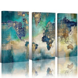 Pogusmavi Canvas Wall Art for Living Room - World Map Wall Decor - Large Wall Art for Bedroom - Office Artwork - Map Wall Art 16"x32" 3 Piece Canvas Wall Art
