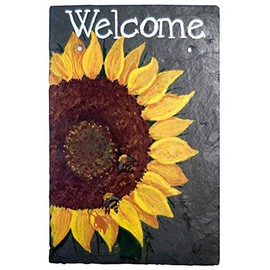 Welcome Sunflower Chalk Art Painted Sign on 12 by 8 Inch Slate Board