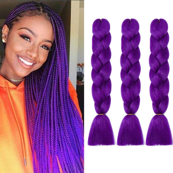24 Inch Braids Extensions, Jumbo Braids, Synthetic Hair, 3 Bundle, Kanekalon Synthetic Crochet Hair, Braiding Hair, Afro Box Braiding (Dark Purple)