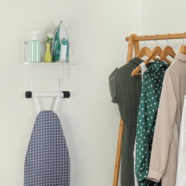Ironing Board Hanger Wall Mount Ironing Board Holder with Shelf Iron Holder with Wood Storage Rack and Removable Hooks for Laundry Room, White