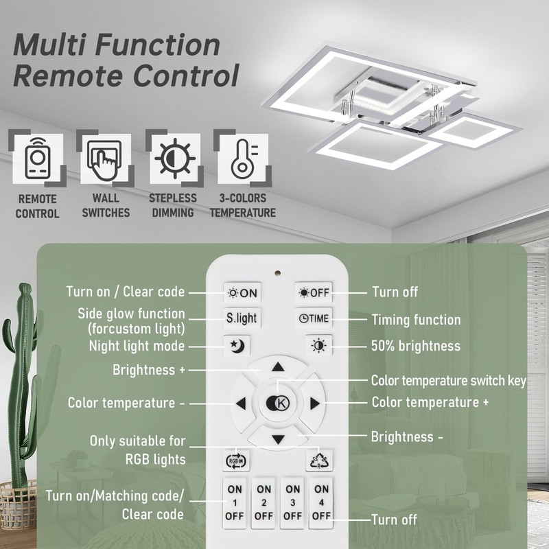 HLILCEH Modern Chrome Led Ceiling Light 3-Square Design 3000K-6500K Dimmable
