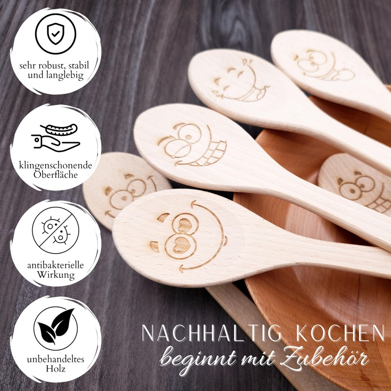 JOWE Wooden Cooking Spoons Set of 6 Beech Kitchen Utensils