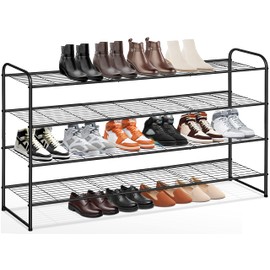 KEETDY 4-Tier Long Shoe Rack for Closet, Wide Shoe Organizer for Closet Floor Storage, Stackable Shoe Rack for Entryway Metal Shoe Shelf for 30 Pairs Men Sneakers with Wire Grid for Bedroom, Black